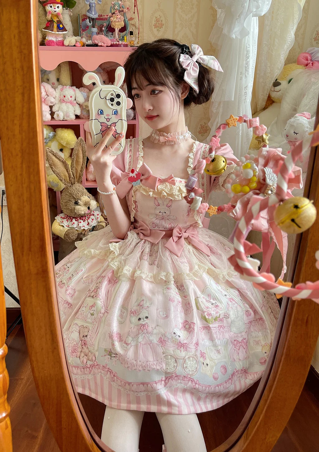 Sweet Lolita Cake Dress Pink Cream Bunny Print Ruffle Detailed Lolita Dress 