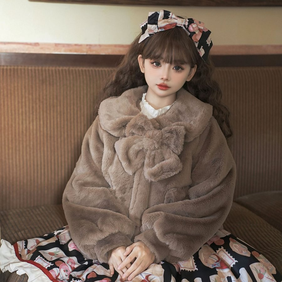 Lolita Coats Sweet White Plush Coat Imitation Rabbit Hair Short Cute Winter Coat