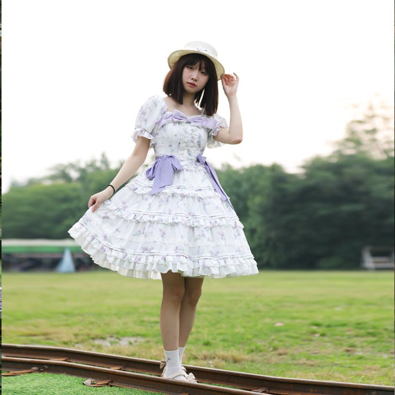 Sweet Lolita Purple and White Short-sleeved Elegant Dress Floral Ruffle Edge Dress