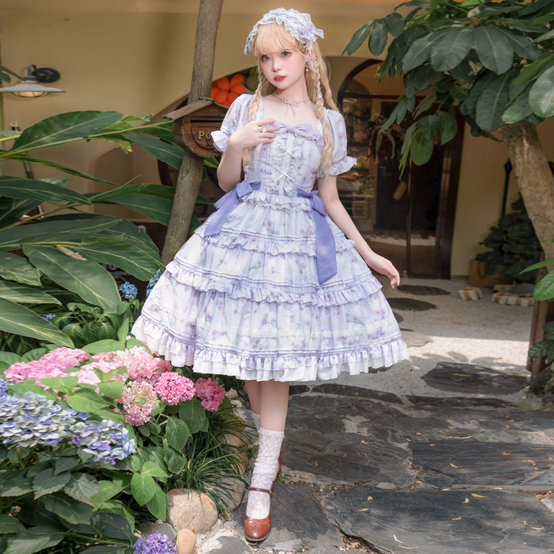 Sweet Lolita Purple and White Short-sleeved Elegant Dress Floral Ruffle Edge Dress