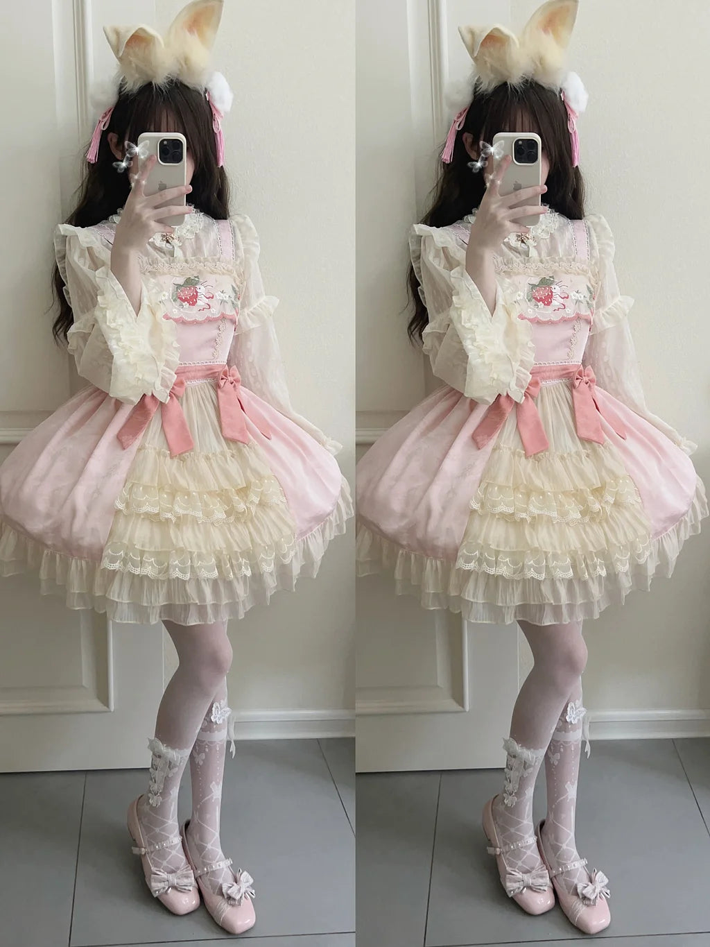 Qi Lolita Sweet Cake Pink Cream Strawberry Bunny Lolita Dress 