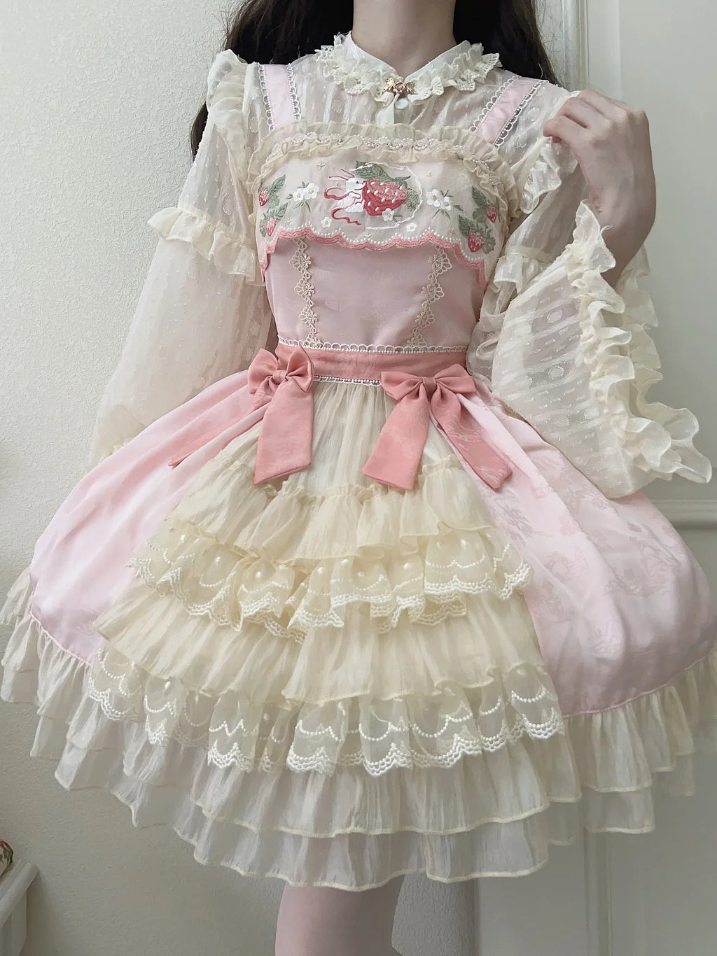 Qi Lolita Sweet Cake Pink Cream Strawberry Bunny Lolita Dress 