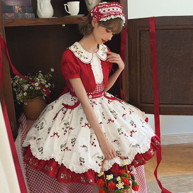 Sweet Lolita Red White Idyllic Strawberry Print Dress One Piece Dress Shortsleeve