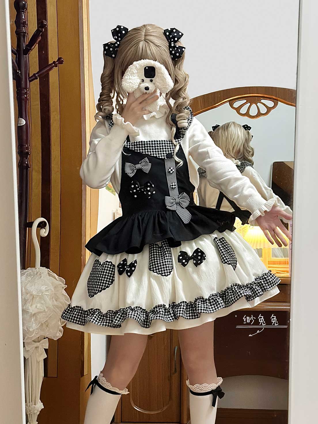 Sweet Lolita Tea Party Fashion Gingham Black Accent Bow Dress Cake Dress