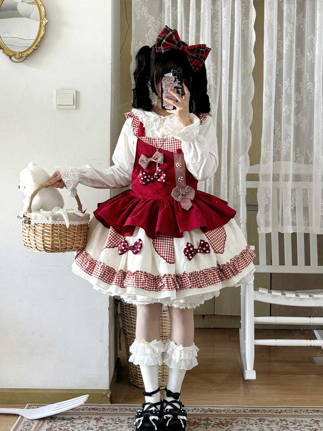 Sweet Lolita Tea Party Fashion Gingham Red Accent Bow Dress Cake Dress
