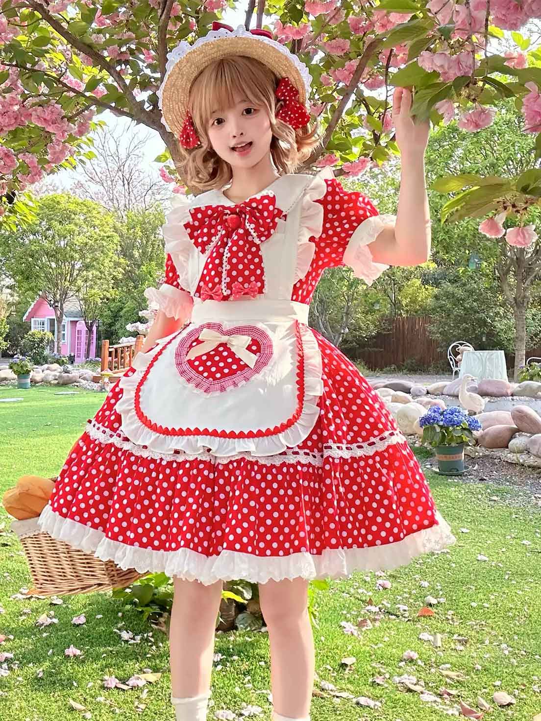 Sweet Lolita Tea Party Fashion Maid outfit Red Strawberry Bow Accented Polka Dot Apron Dress
