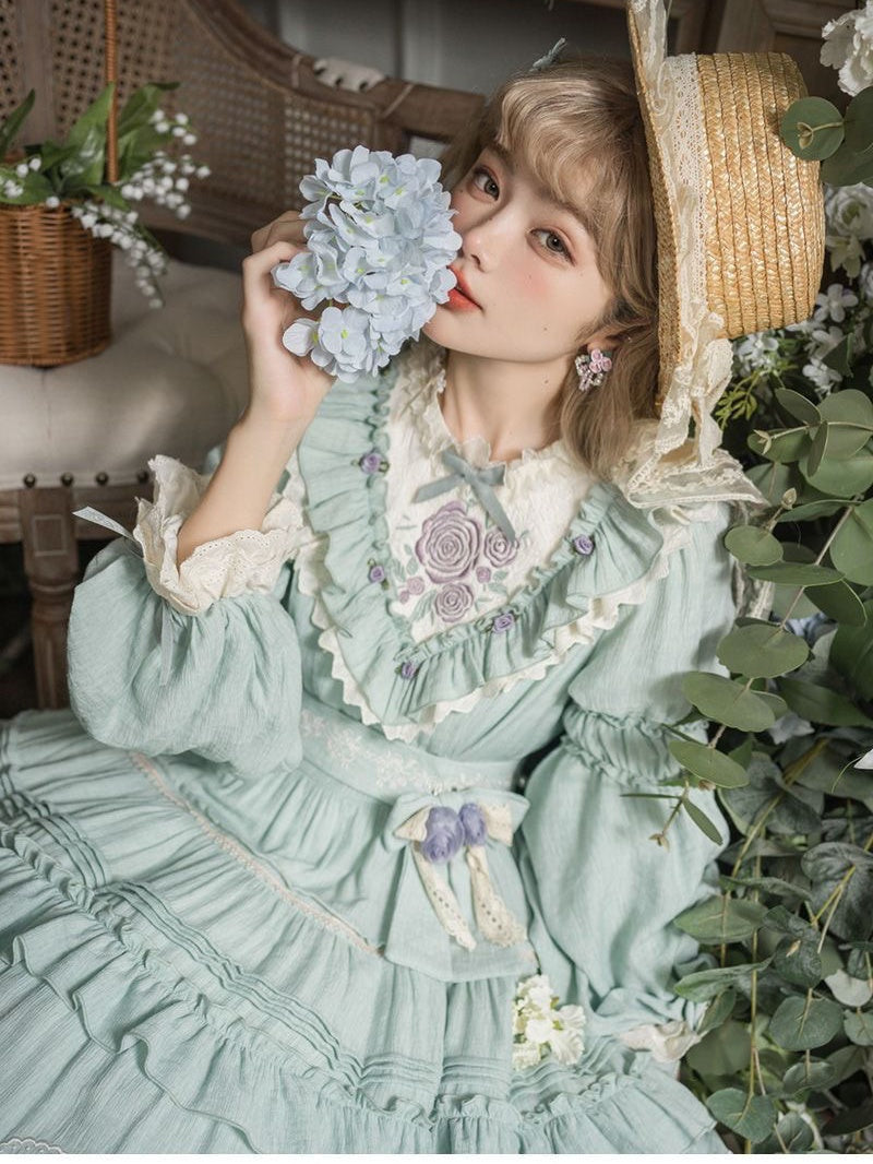 Classic Lolita Green Purple Tea Party Rose Ruffle Long Cake Dress Daily Wear Outfit