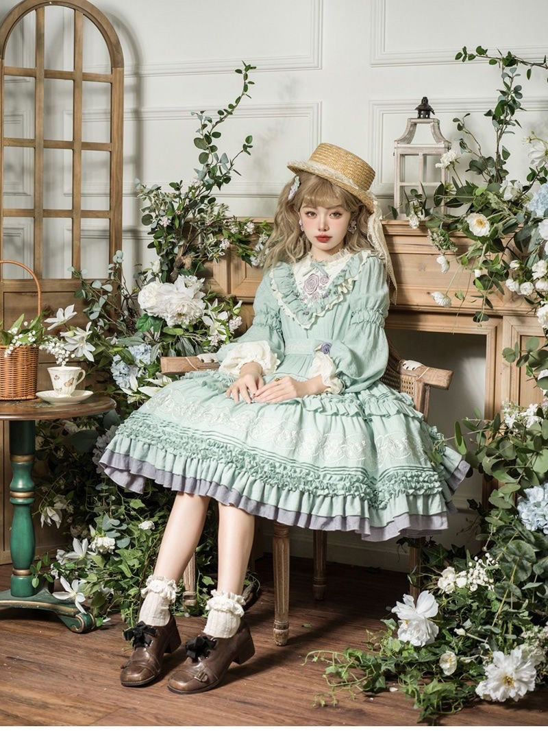 Classic Lolita Green Purple Tea Party Rose Ruffle Long Cake Dress Daily Wear Outfit