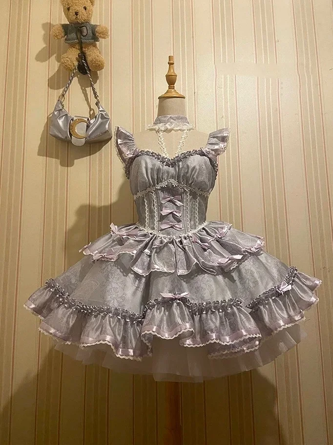 Hime Lolita Pink Blue Black Ballet with Multiplayer Bow Lace Ruffles Doll Cake Dress Outfit