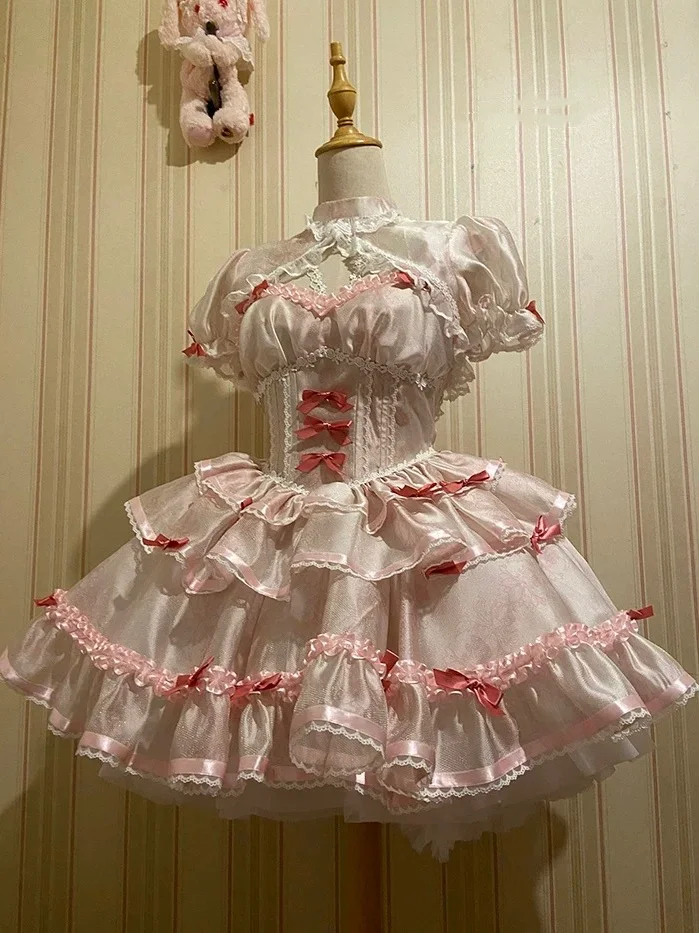 Hime Lolita Pink Blue Black Ballet with Multiplayer Bow Lace Ruffles Doll Cake Dress Outfit