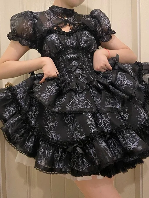 Hime Lolita Pink Blue Black Ballet with Multiplayer Bow Lace Ruffles Doll Cake Dress Outfit