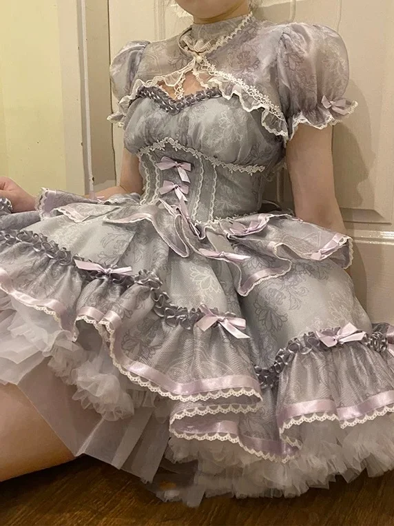 Hime Lolita Pink Blue Black Ballet with Multiplayer Bow Lace Ruffles Doll Cake Dress Outfit