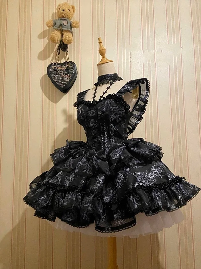 Hime Lolita Pink Blue Black Ballet with Multiplayer Bow Lace Ruffles Doll Cake Dress Outfit