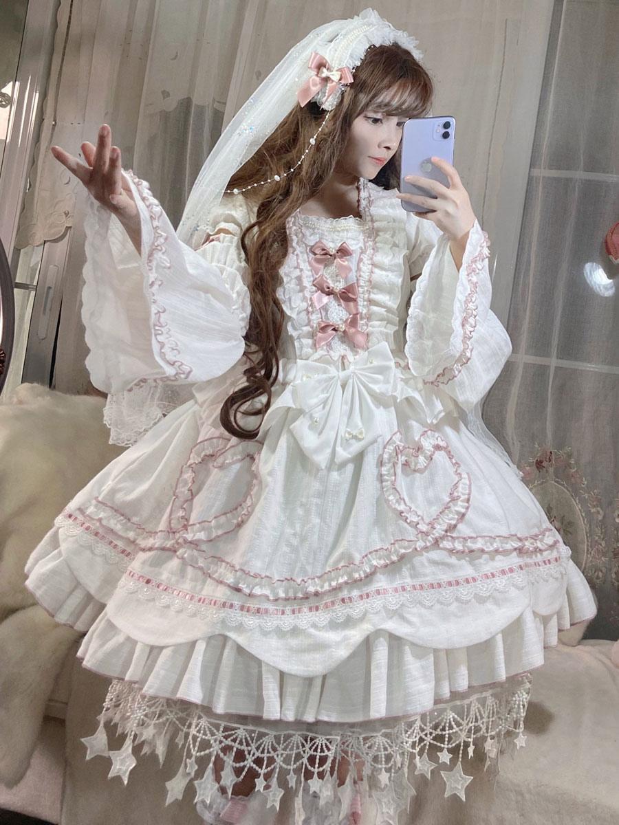 Hime Lolita White Wedding Bridal Veil Bow Jacquard Cotton Removable Sleeve Outfit