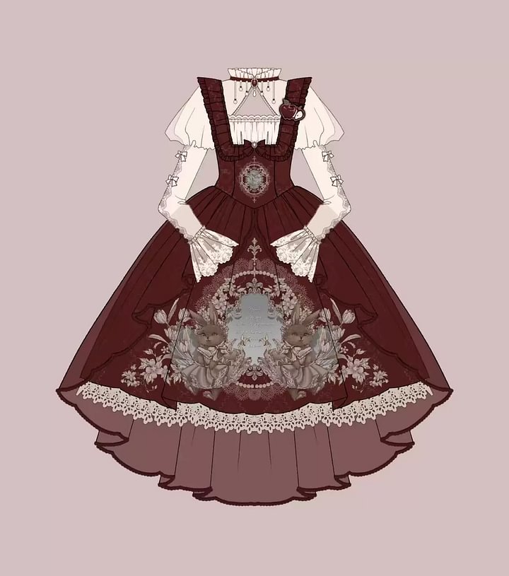 Vintage Red Velvet Lolita Dress Rabbit Gigot Sleeve Blouse Sweet Dress in Fall OP