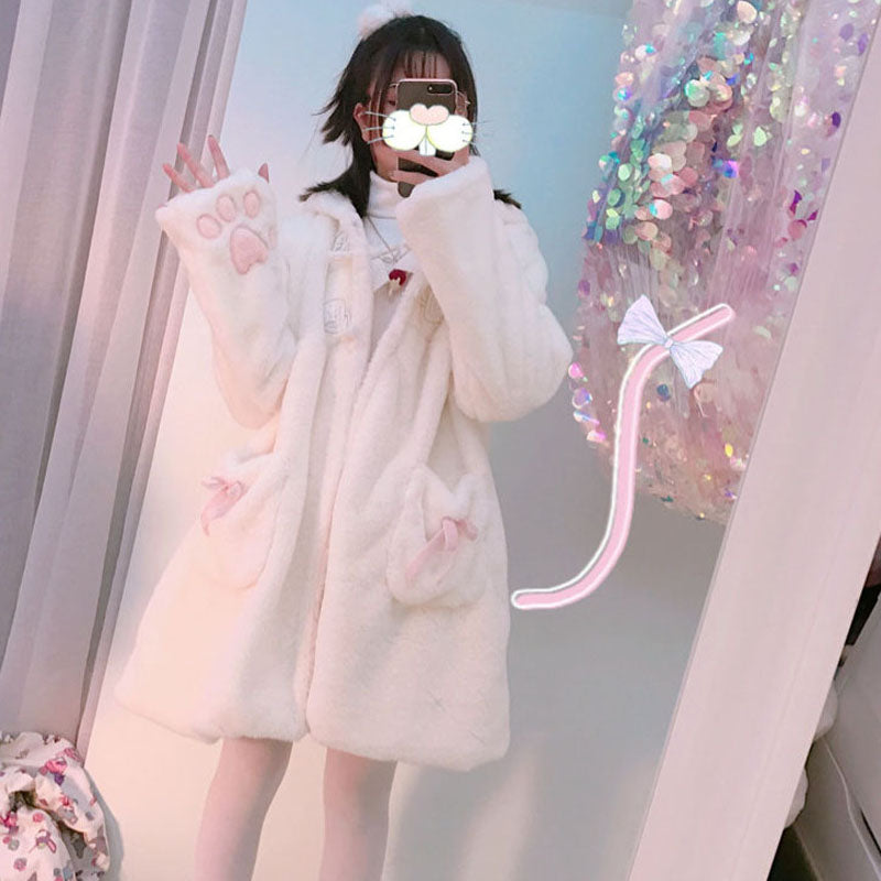 White Lolita Plush Thickened Japanese Small Autumn and Winter Cat Ears Cat Claws Cute Plush Coat