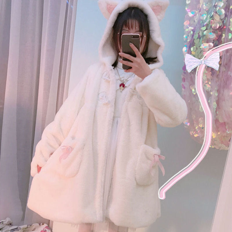 White Lolita Plush Thickened Japanese Small Autumn and Winter Cat Ears Cat Claws Cute Plush Coat