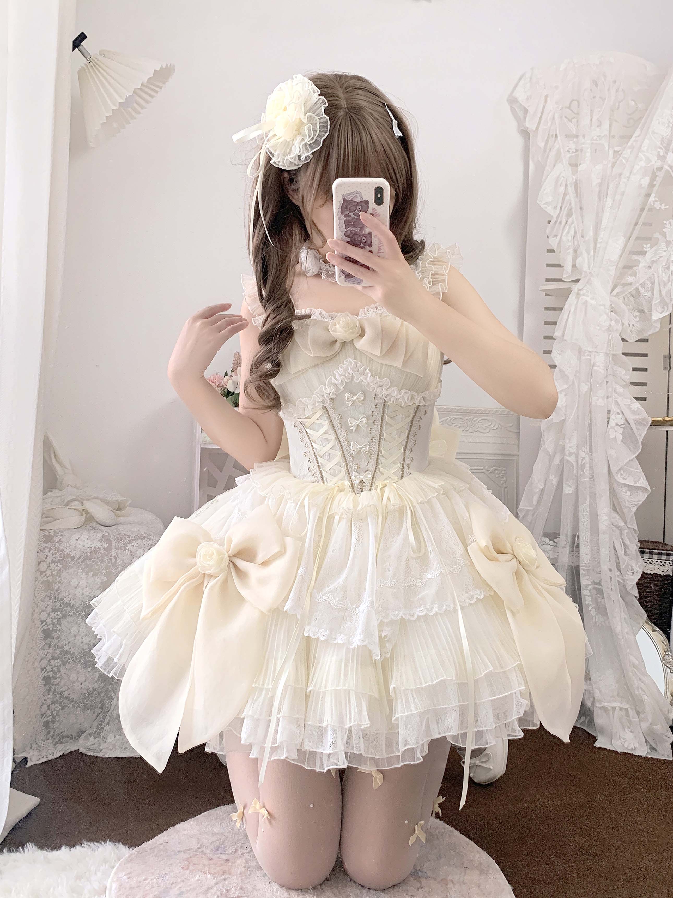 Hime Lolita Yellow Apricot Flower Beige Birthday Dress
